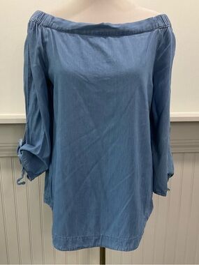 Altered State Chambray Off-Shoulder Tunic Blouse Size Medium Boho Tie Sleeve Top